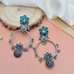 ABDESIGNS Silver-Plated Stones Studded Floral Oxidised Drop Earrings-image-58