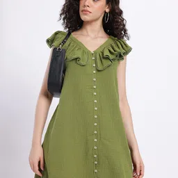 glitchez Ruffled Detail V-Neck Crinkled A-line Mini Dress-picture-23