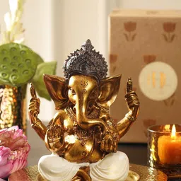 Pure Home and Living Gold-Toned & White Sitting Ganesha Religious Idol Showpiece-picture-10