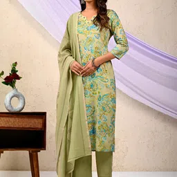 SHIVARA Women Ethnic Motifs Printed Regular Pure Cotton Kurta & Trousers With Dupatta image 2