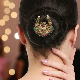 OOMPH Combo of 2 Gold Artificial Stones and Beads Hair Bun Pin image 3