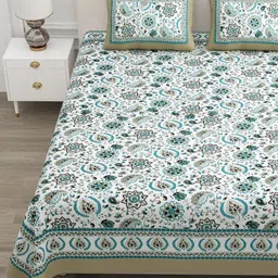 tundwal's White & Blue Floral 210 TC Cotton King Bedsheet Set 2.2 m x 2.74 m image 3