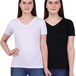 fleximaa Pack of 2 Womens V Neck Half Sleeve Tshirt Women Solid V Neck Pure Cotton White, Black T-Shirt-picture-16