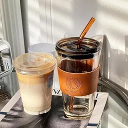 ganesh store Multipurpose Tumbler Glass Coffee Sippers with Lid & Straw Pack Brown Glass Tumbler image 3