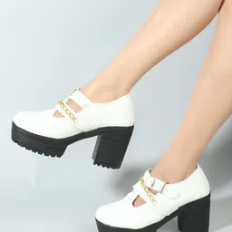 sleek step Women's Casual Synthetic Stylish Comfortable Block Heel Buckle White Loafers Boots For Women image 2