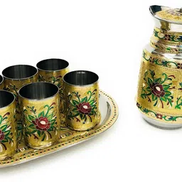 Navrang Serving Meenakari Steel Glass Tray Set With Jug Jug Glass Tray Set image 3