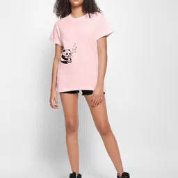 bewakoof Women Graphic Print Round Neck Pure Cotton Pink T-Shirt image 3