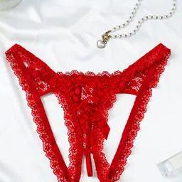 LULU & SKY Self-Designed Low-Rise Lace-Trim Cut-Out Thong Briefs YY2171-RED image 5