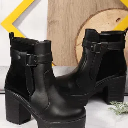 Kliev Paris Women High Block Heel Ankle Boots With Buckle Detail & Side Zip-image-81