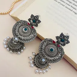 Anouk Silver-Plated Stones Studded & Pearls Beaded Floral Shaped Oxidised Drop Earrings image 5