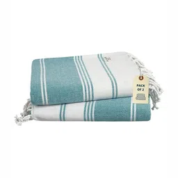 LANE LINEN 2-Pcs Teal-Green & White Striped Pure Cotton Turkish Hammam Beach Towels-image-35