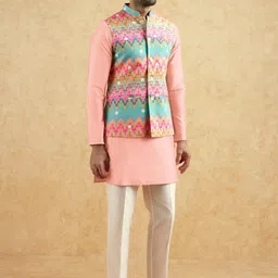 KISAH Men Mandarin Collar Long Sleeves Straight Kurta With Trousers & Nehru Jacket image 5