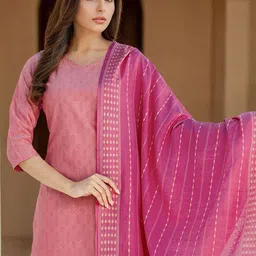 SANISA Geometric Woven Design V-Neck Straight Kurta & Trousers With Dupatta image 2