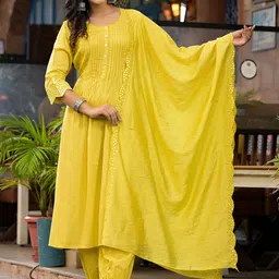 Juniper Striped Embroidered Panelled Mirror Work Liva A Line Kurta with Trousers & Dupatta-picture-18