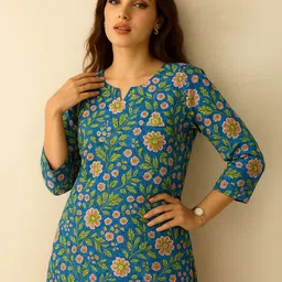Eco Clothing Floral Printed Notch Neck Pure Cotton Short Kurti-image-62