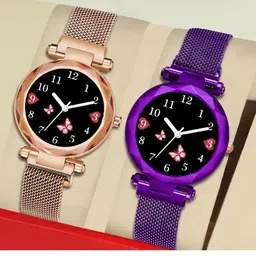 SZN Women Set Of 2 Dial & Leather Straps Analogue Watch Mag Flower Gold+PurpleSZNN-image-68