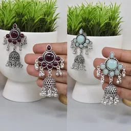 MEIRA JEWELLERY Set Of 2 German Silver-Plated Stones Studded Oxidised Dome Shaped Jhumkas-image-77