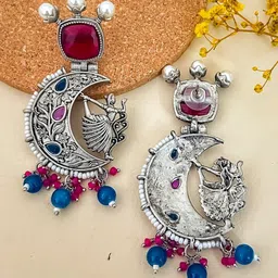 Zeviel Silver-Plated Stones Studded & Beaded Oxidised Crescent Shaped Drop Earrings image 4