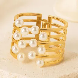 Bohey by KARATCART Gold-Plated Pearls Beaded Open Cuff Bracelet-image-13