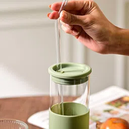 MARKET99 Green & Transparent Glass Water Bottle With Straw 480ml image 5