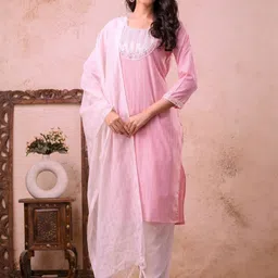 Auzanoor Collection Striped Round Neck Pure Cotton Straight Kurta With Salwar & Dupatta-picture-10