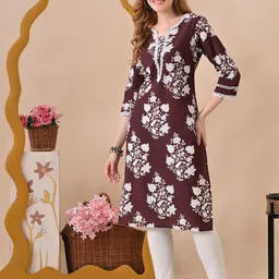 BKApparels Floral Printed V-Neck Straight Thread Work Cotton Kurta-picture-33