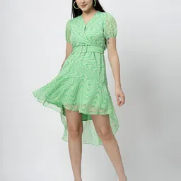 COSMIC TRIO Printed Puff Sleeve Chiffon Belted Dress-image-85