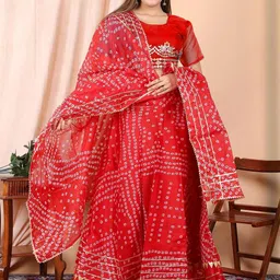 huuhambay Bandhani Printed Traditional Kota Doria Semi Stitched Lehenga & Dupatta image 4