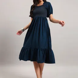 Femvy Square Neck Puff Sleeves Tiered Fit & Flare Midi Dress-picture-12