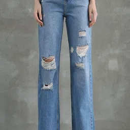Trendyol Women Cotton High-Rise Light Fade Mildly Distressed Jeans-picture-30