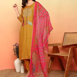 Sangria Floral Embroidered Round Neck Thread Work Art Silk Kurta With Trousers & Dupatta-image-11