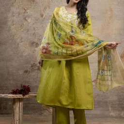 SINGNI Women Ethnic Motifs Embroidered Regular Pure Silk Kurta with Palazzos & With Dupatta-picture-13