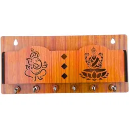 Sushobhat traders Brown Ganesh & Laxmi Engraved Wooden & Metal 6 Hooks Key Holders image 3
