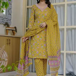 KALINI Women Floral Printed Regular Pure Cotton Kurta with Trousers & With Dupatta image 3