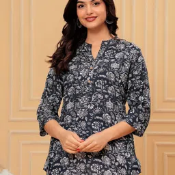 Siya Fashion Floral Print Mandarin Collar Cotton Shirt Style Top-picture-40