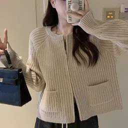 StyleCast Women Beige Solid Mock Collar Cardigan-picture-14