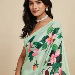 KALINI Women Green Silk Blend Designer Block Print Saree image 3