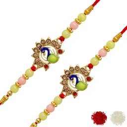 MEIRA JEWELLERY Set Of 2 Peacock Designer Rakhis With Greeting Card & Roli Chawal-picture-32