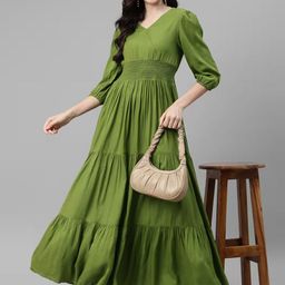 Krunal Raiyani Women Pleated V-Neck Tiered Fit and Flare Maxi Dress-picture-4