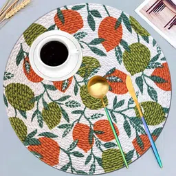 ANA Leaf Print Cotton Round Reversible Kitchen Placemats Heat Resistant Easily Washable Table Mats for Home Decor Set of 8 Pieces, 13x13 Inches - Green & Rust image 3