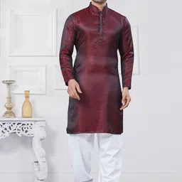 OUTLUK Ethnic Motifs Woven Design Mandarin Collar Silk Jacquard Straight Kurta-picture-20