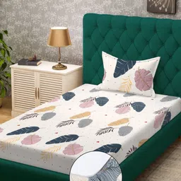 KLOTTHE Cream Coloured & Yellow Floral Printed 300 TC Single Bedsheet Set 2.25 m x 1.50 m-image-6