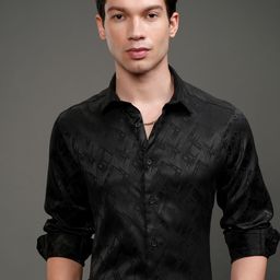 HIGHLANDER Men Slim Fit Design Spread Collar Textured Cotton Formal Shirt-picture-8