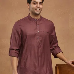 Fabindia Men Slim Fit Solid Mandarin Collar Silk Casual Shirt-picture-41