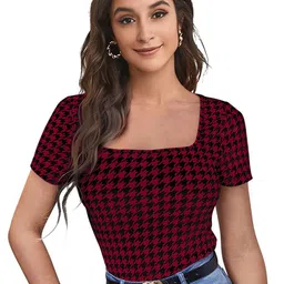 Sanwariya Silk Women Square Neck Short Sleeves Checked Top-picture-22