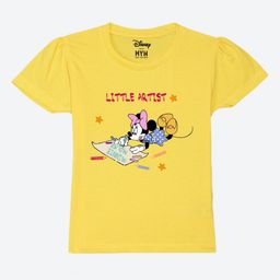 Wear Your Mind Girls Minnie Mouse Printed Puff Sleeves Pure Cotton Applique T-shirt-picture-8