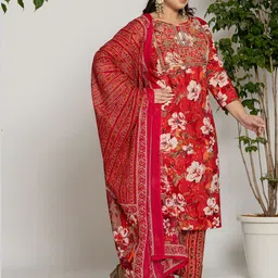 Yufta Floral Embroidered Regular Pure Cotton Straight Kurta with Trousers & Dupatta-image-0