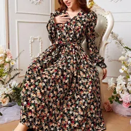 YK Floral Print Puff Sleeve Fit & Flare Midi Dress image 3