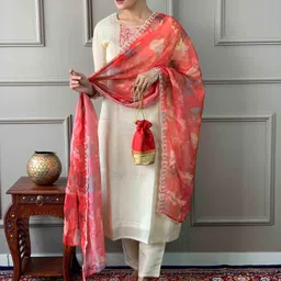 SHOPONBIT Women Embroidered Regular Sequinned Chanderi Silk Kurti with Trousers & With Dupatta image 4