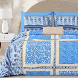 Aura Blue & Beige Ethnic Motifs 210 TC Queen Bedsheet with 2 Pillow Covers image 2